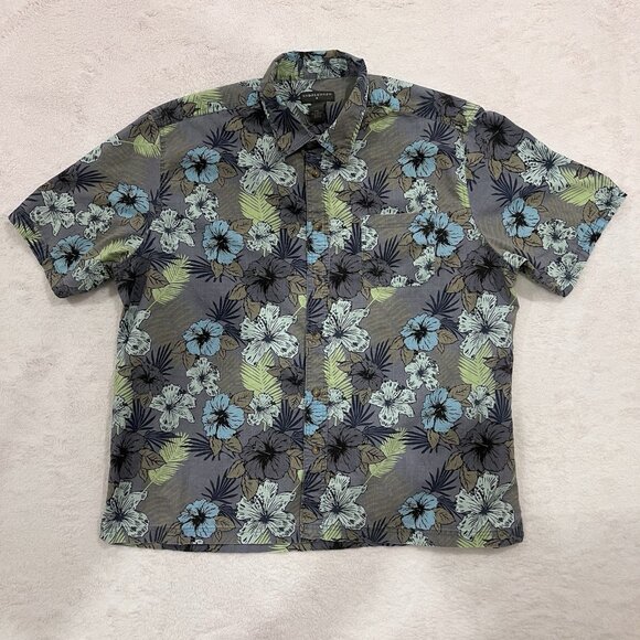 Saddlebred Hawaiian Shirt Men’s XXL Palm Leaves Hibiscus Gray Blue Green - Picture 1 of 7